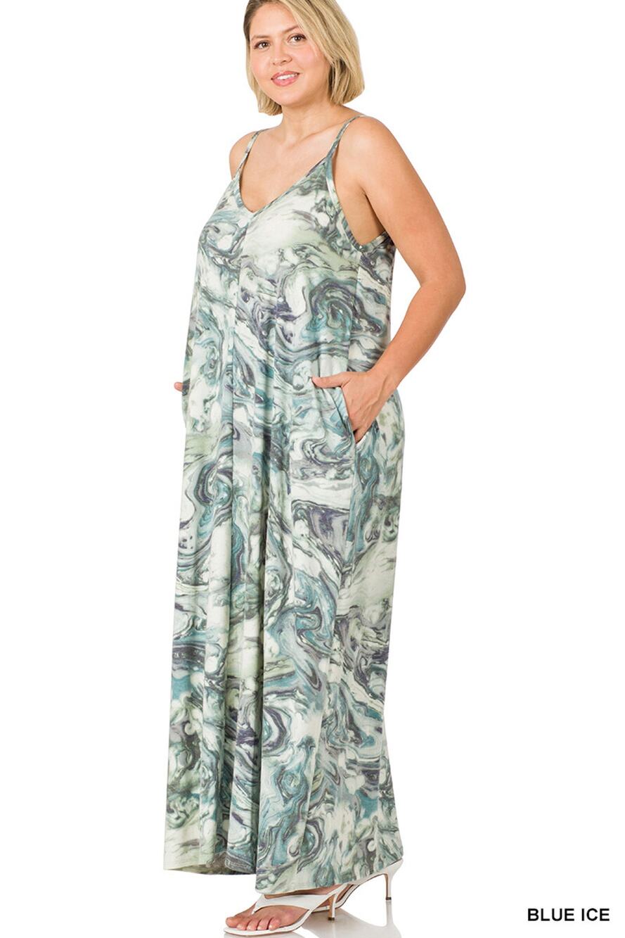 Plus Size French Terry Tie Dye V-Neck Cami Maxi Dress Blue Ice 2XL